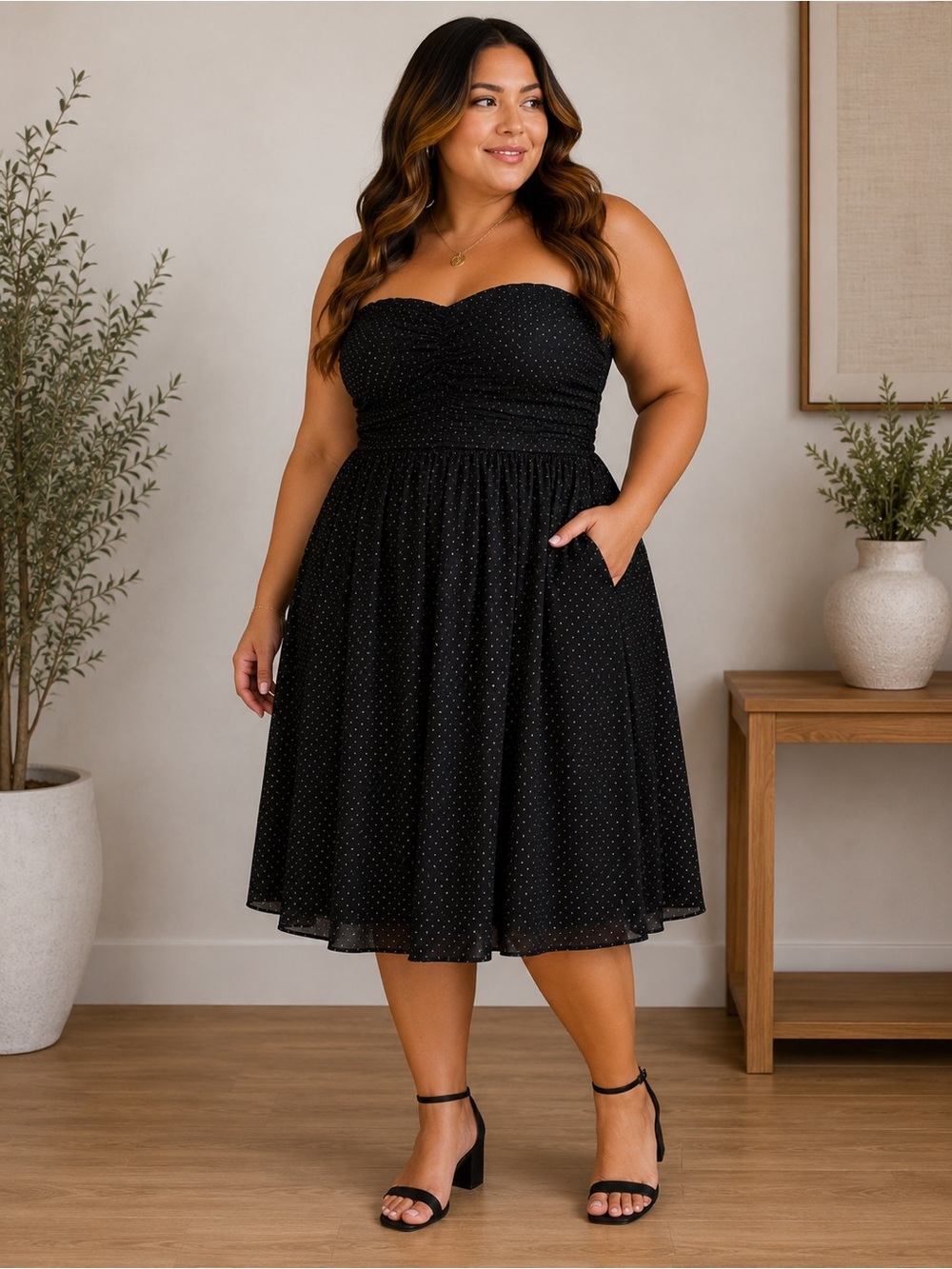Lane Bryant Black & Gold Polka Dot Strapless Cocktail Dress Size 14 - Picture 1 of 9